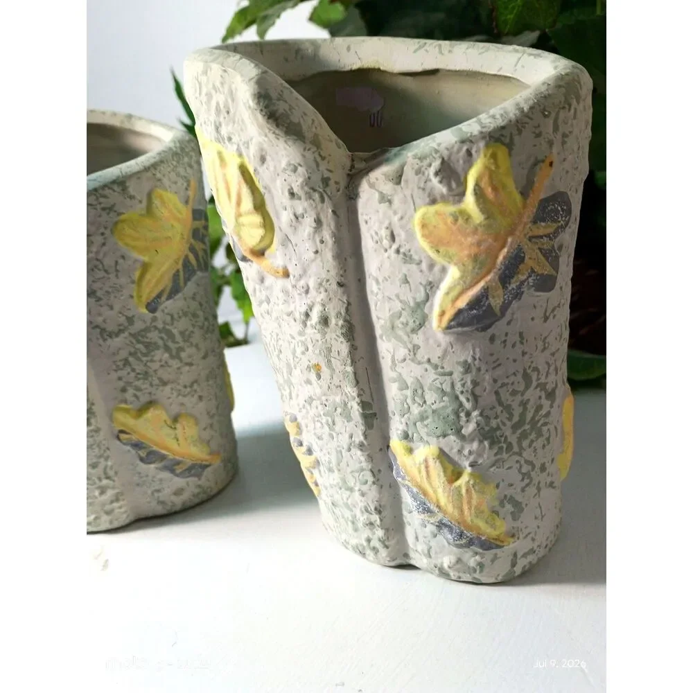 Handcrafted White Ceramic Vases with Yellow Leaves, Handpainted Clay Pottery